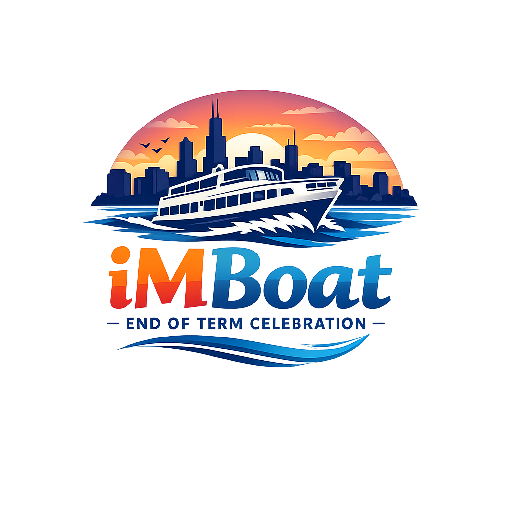 IMBoat end-of-term celebration logo with ferry on water, orange sunset skyline, and blue text