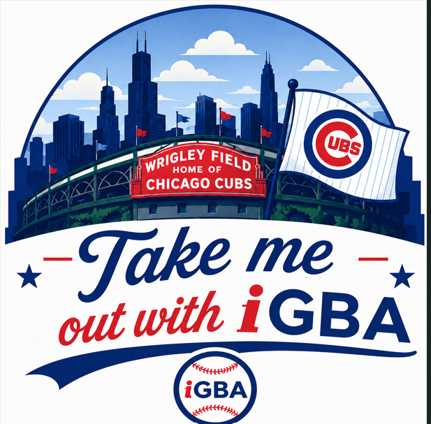 Chicago Cubs “Take me out with iGBA” logo with skyline, Wrigley Field, and Cubs emblem