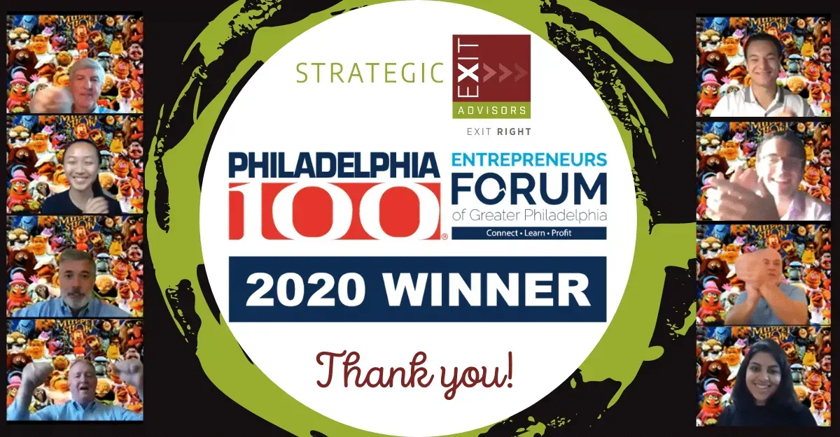 Philadelphia Entrepreneurs Forum 100 2020 Winner graphic. Includes headshots and 