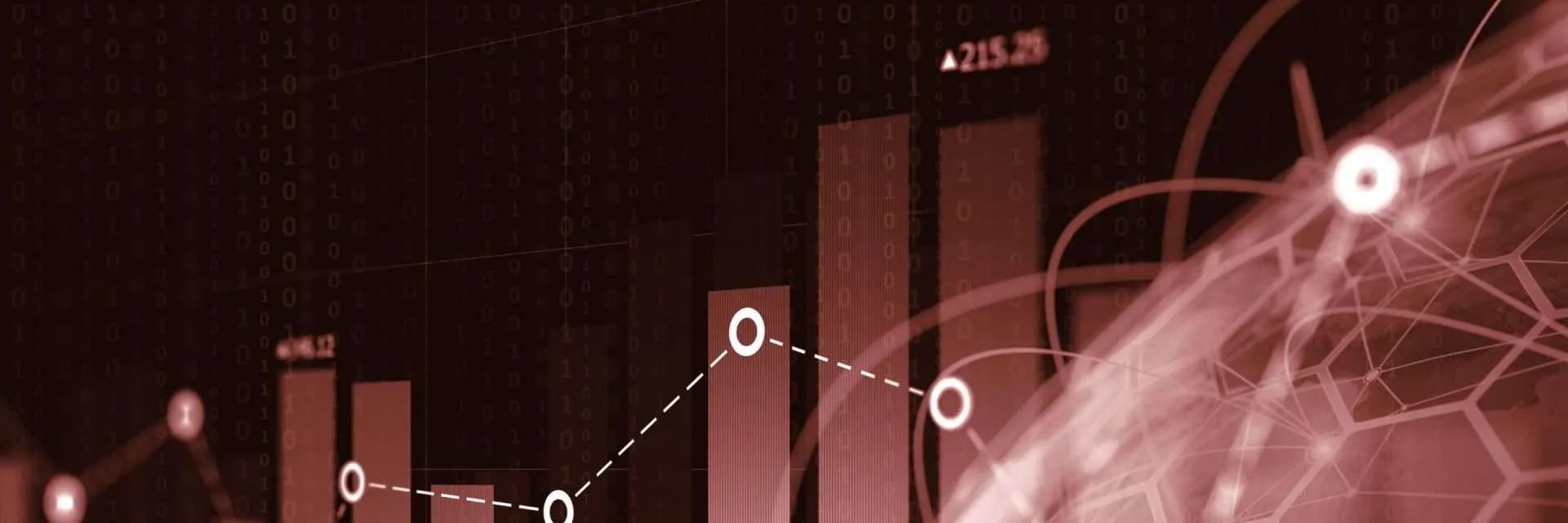 Abstract data visualization with a bar graph and network pattern, rendered in shades of red.