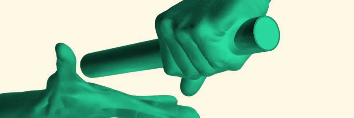 Hands in teal holding a baton, possibly passing it during a race.