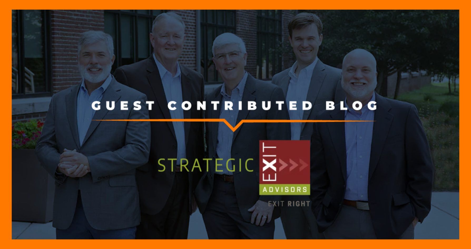 Five men in suits, posing outdoors. Text: 