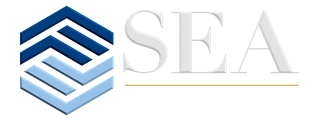 Logo with a blue and white geometric design and the letters SEA.