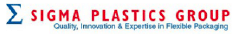 Logo for Sigma Plastics Group, red text with a blue Greek symbol, Quality, Innovation & Expertise in Flexible Packaging.