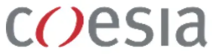 Coesia logo, grey text with red curved graphic between the 