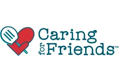 Logo for Caring for Friends: Heart with oven mitt holding spatula, teal text.