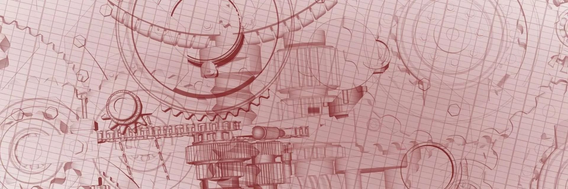 Detailed architectural drawing on a light red surface, featuring gears and circular shapes.