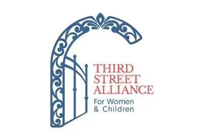 Logo of Third Street Alliance: ornate blue arch with open gates and text 