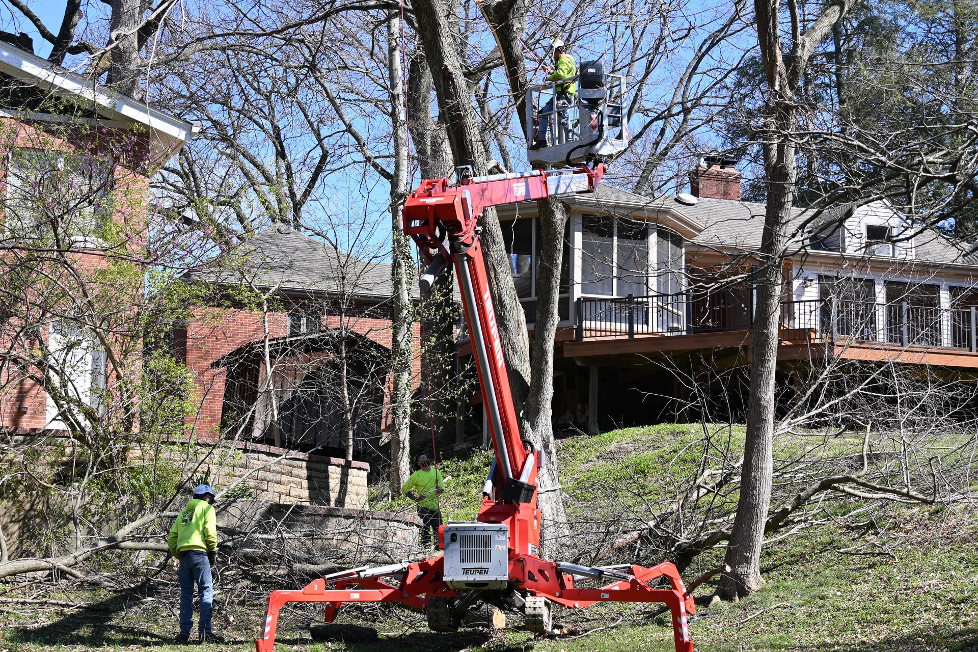 A man is cutting a tree with a crane in front of a house.