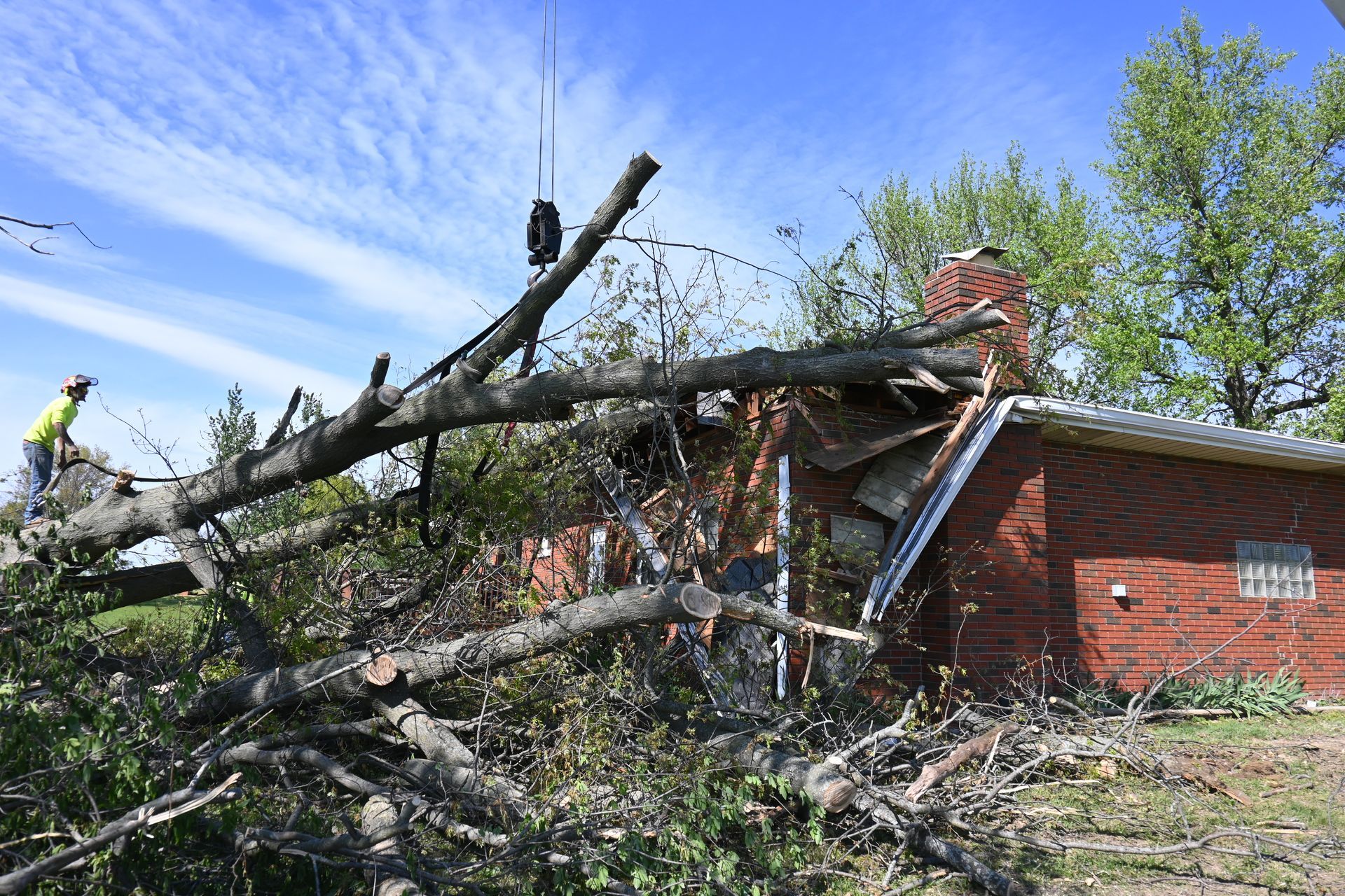 A man is standing on top of a tree that has fallen on a house.