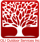 a red and white logo for oli outdoor services inc. premium tree service in Godfrey, IL 