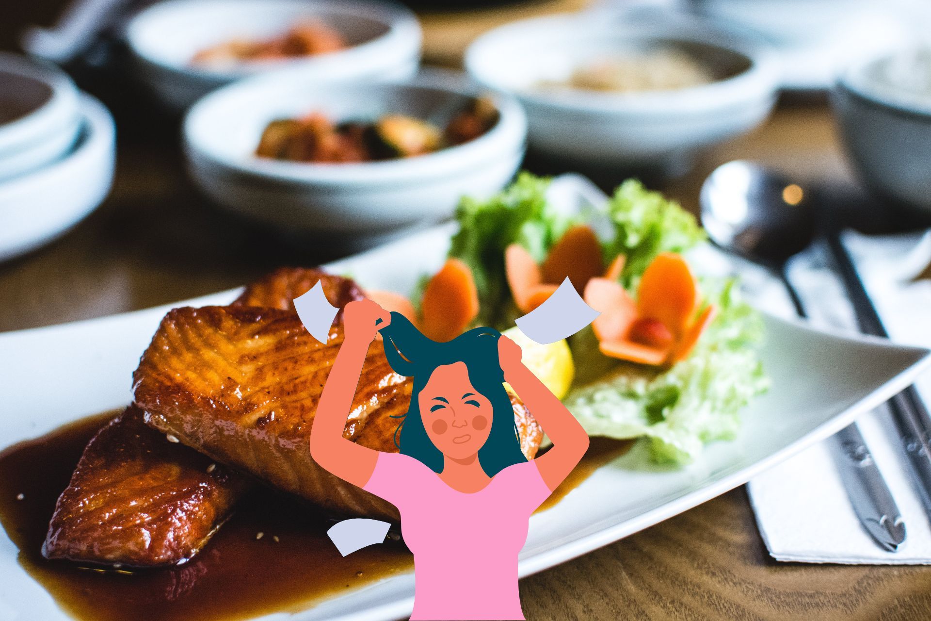 food in background with woman stressing