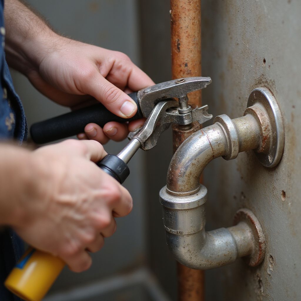 Person using a wrench to repair an outdoor faucet attached to a weathered wall and pipe.