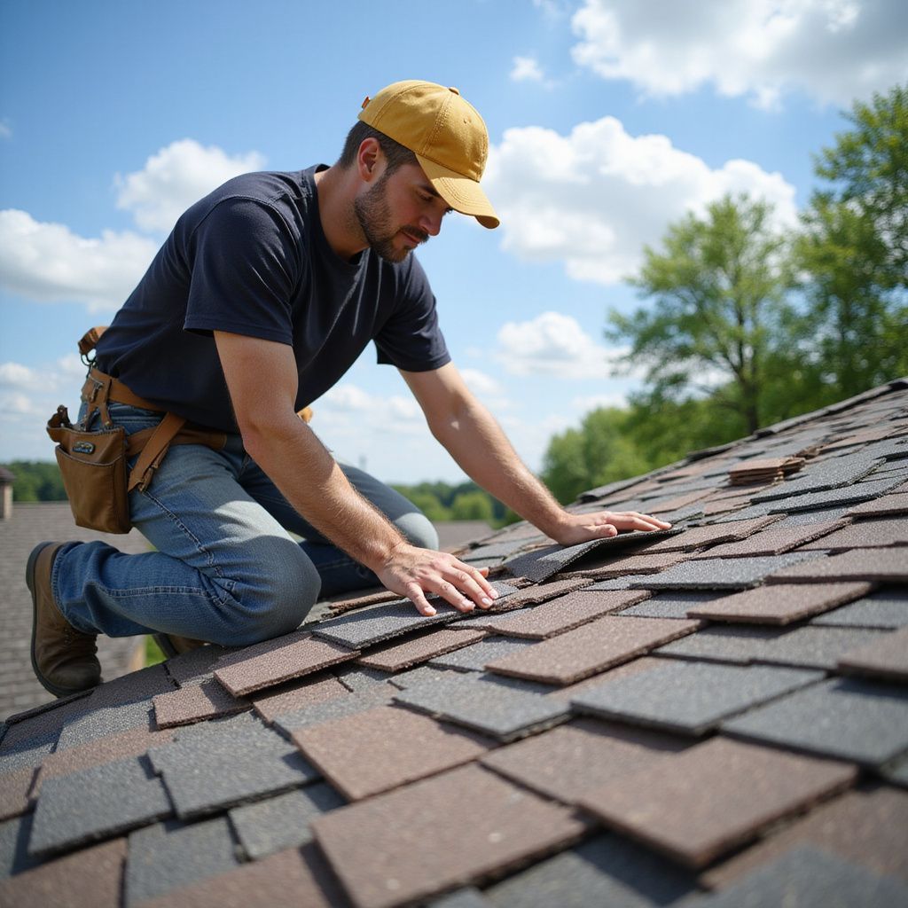 Roofer on a shingled roof, examining tiles under a blue sky, wearing a cap and tool belt.