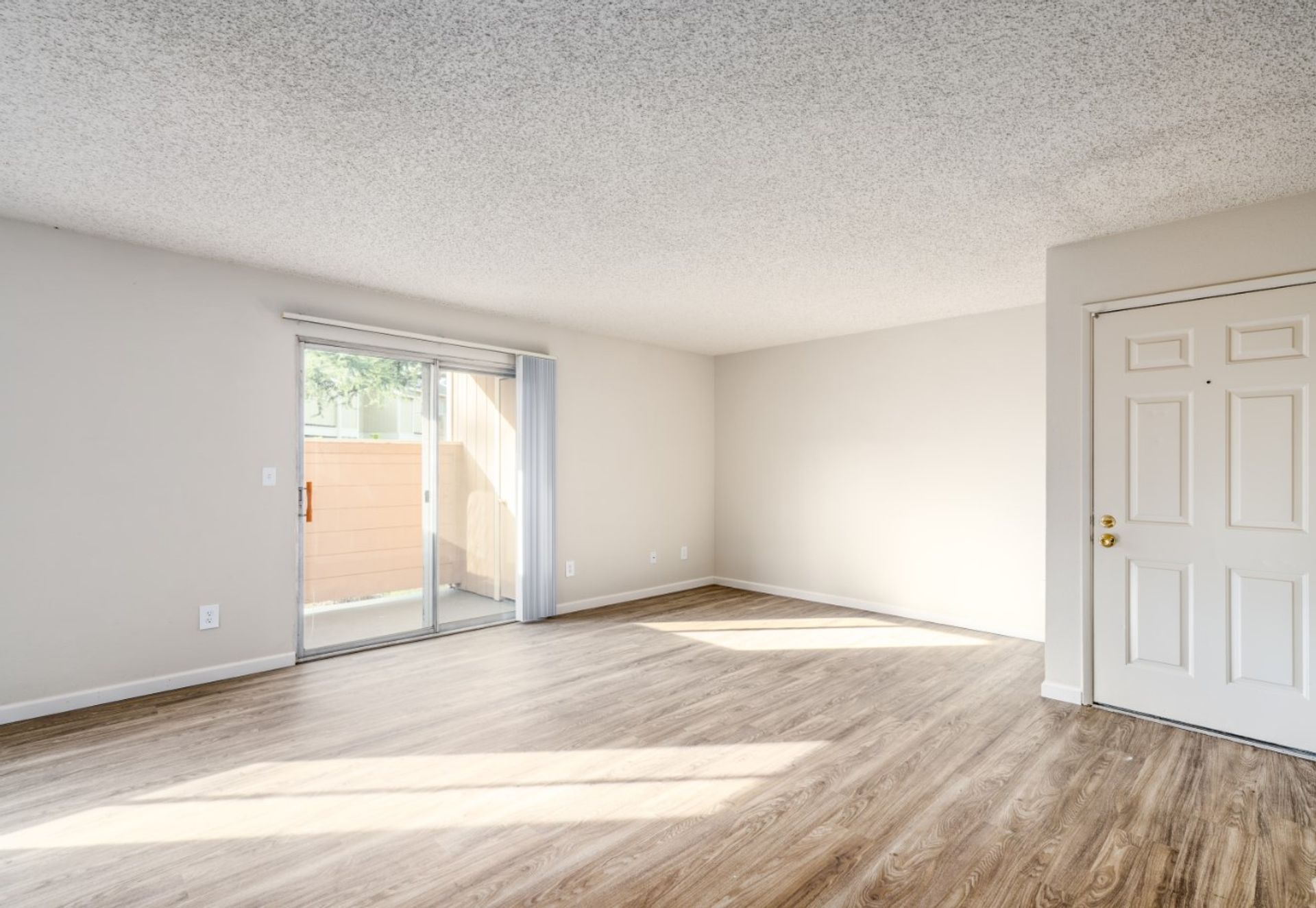 Empty bright living room with wood floors, white walls, sliding glass door, and a closed white door.