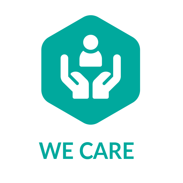 A logo that says we care with two hands holding a person.