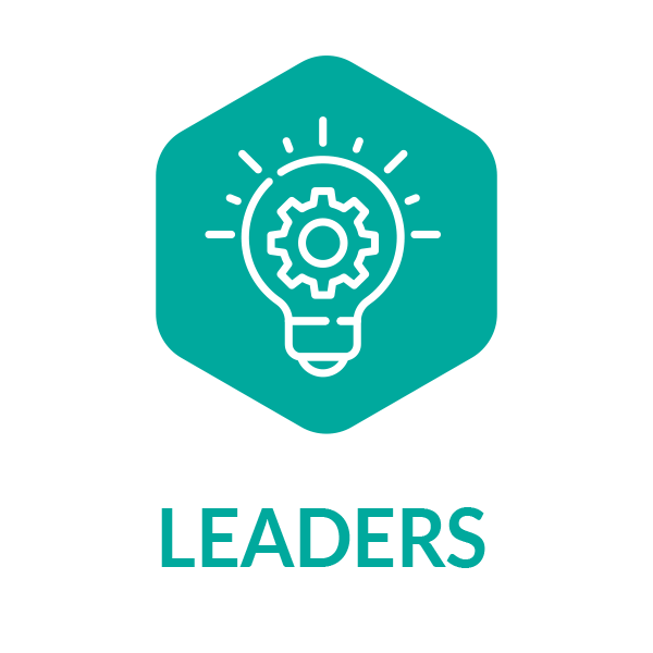 A light bulb with a gear inside of it and the word leaders below it.