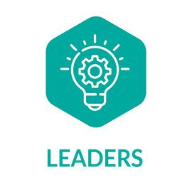 A light bulb with a gear inside of it and the word leaders below it.