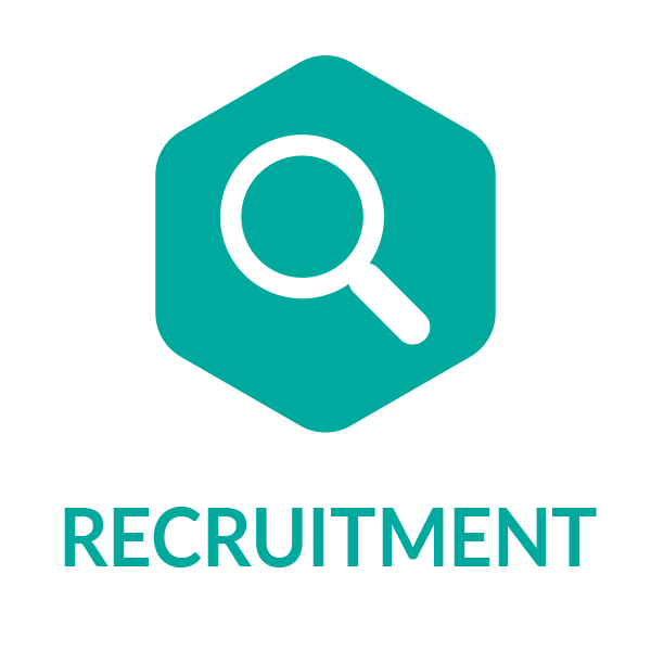 A logo for recruitment with a magnifying glass in a hexagon