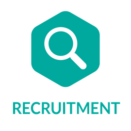 A logo for recruitment with a magnifying glass in a hexagon