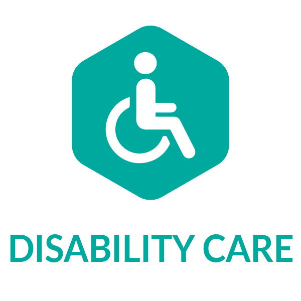 A logo for disability care with a person in a wheelchair