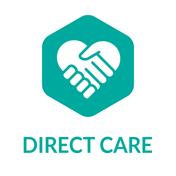 A logo for direct care with a handshake in the shape of a heart