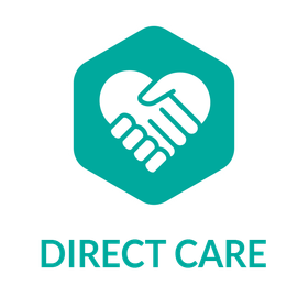 A logo for direct care with a handshake in the shape of a heart