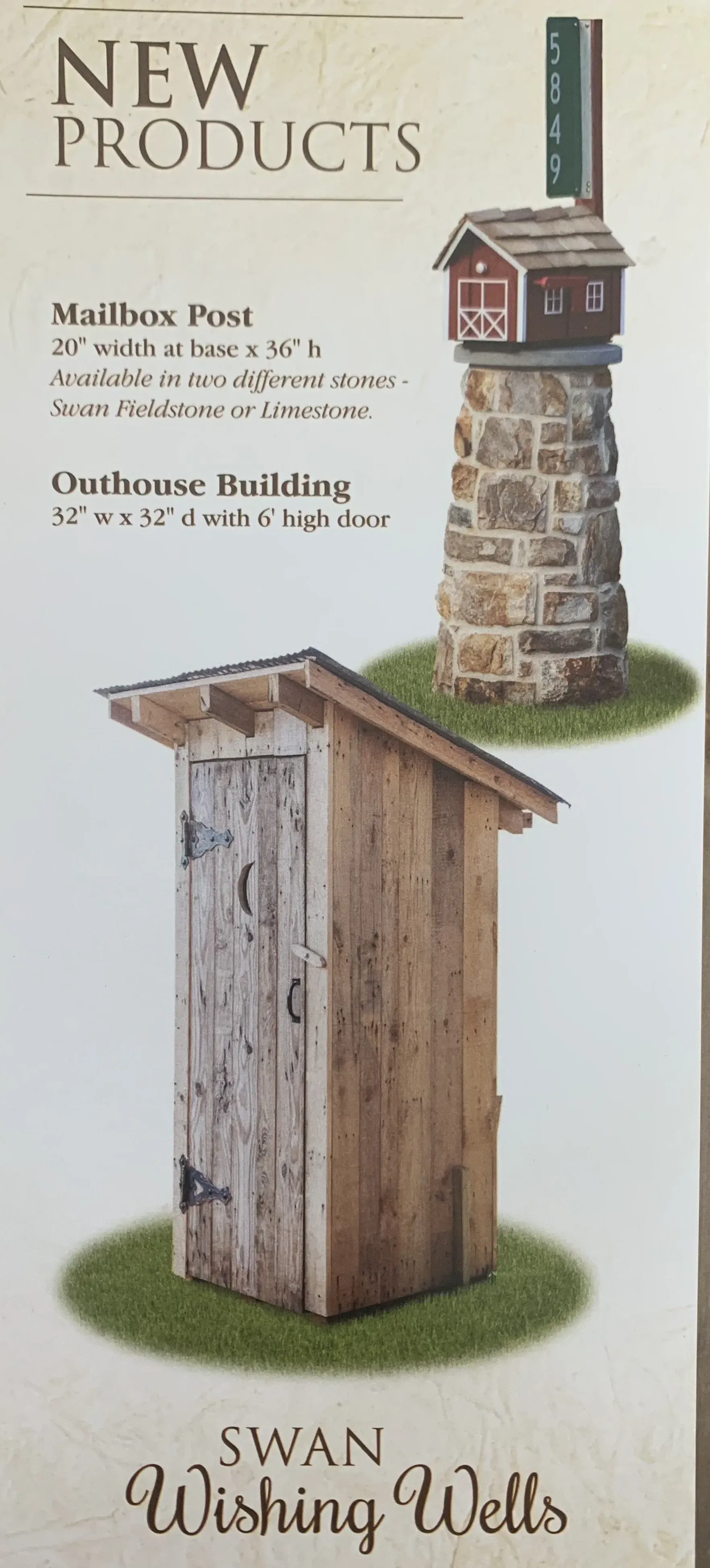 An advertisement for swan wishing wells shows a wooden outhouse and a stone mailbox