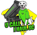 Dog wearing a green t-shirt with "U Call I Haul SC" logo; junk removal truck in front of a yellow outline of South Carolina.