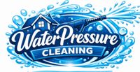 A blue logo featuring a house and a pressure washer spraying water with the text "Water Pressure CLEANING."