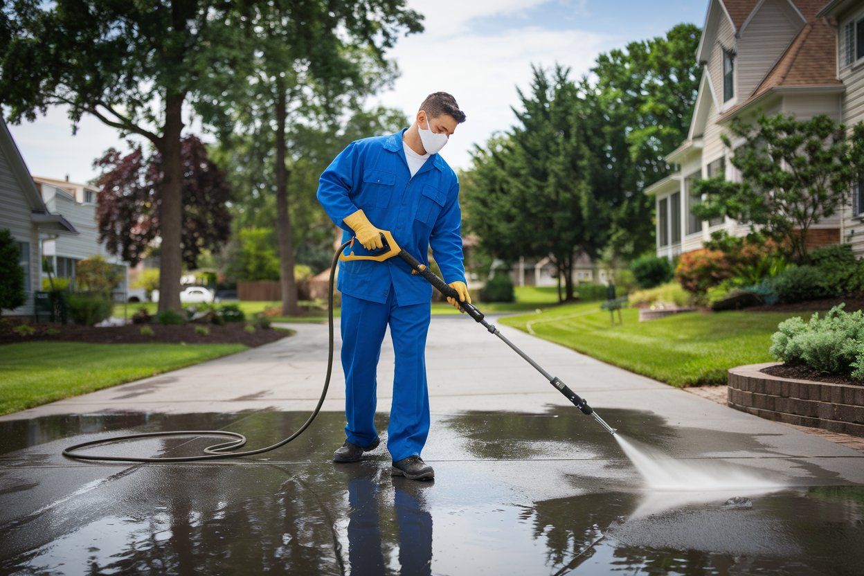 A man wearing a mask is using a high pressure washer to clean a driveway.