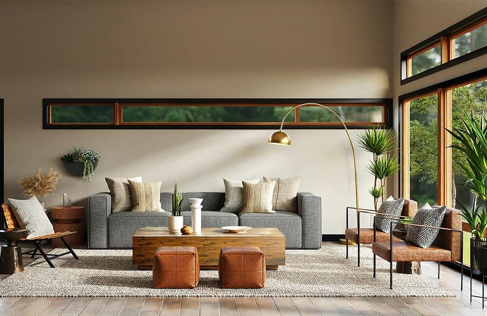 A living room with a couch , chairs , coffee table and large windows.