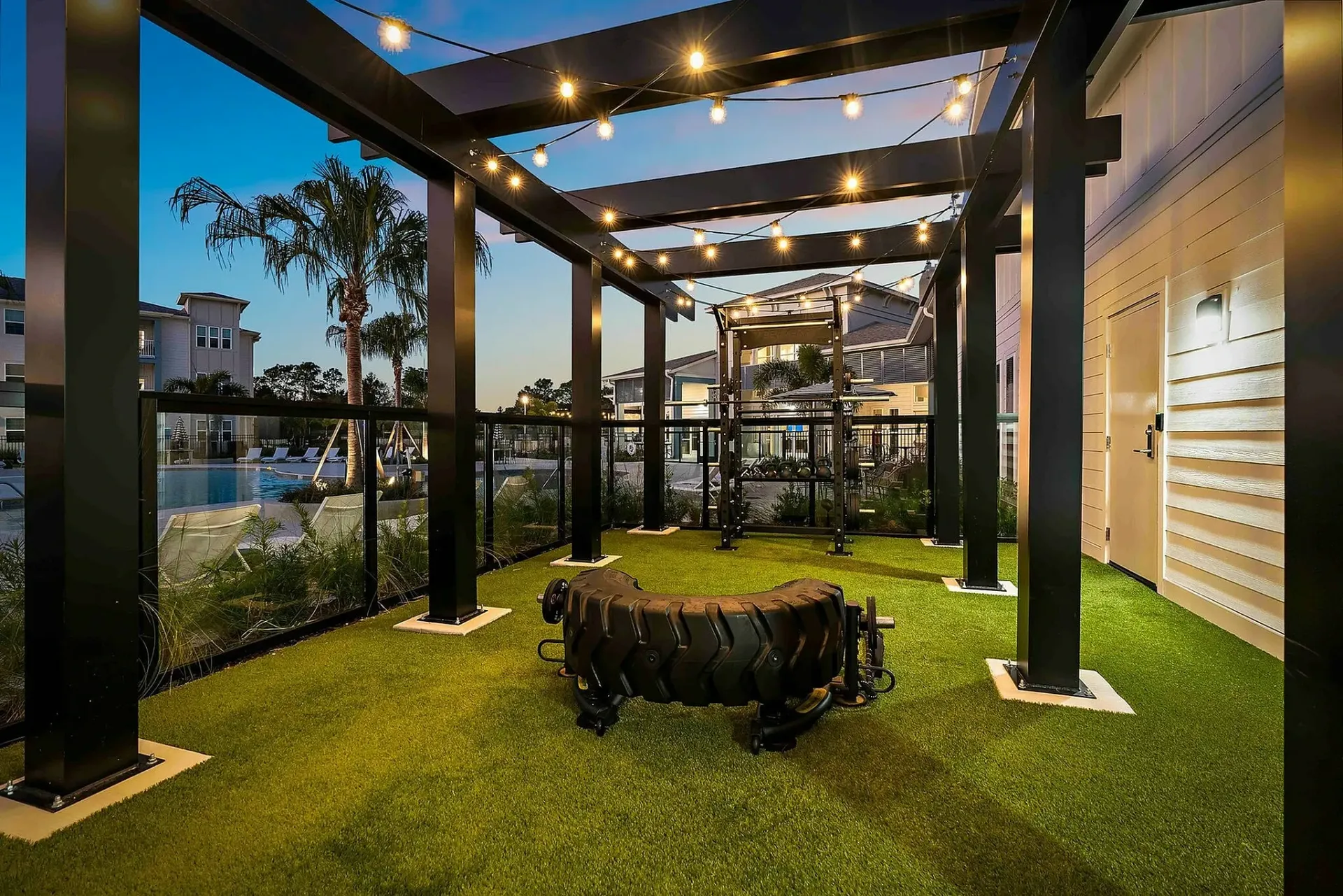 Experience fitness and relaxation in the serene outdoor gym space.
