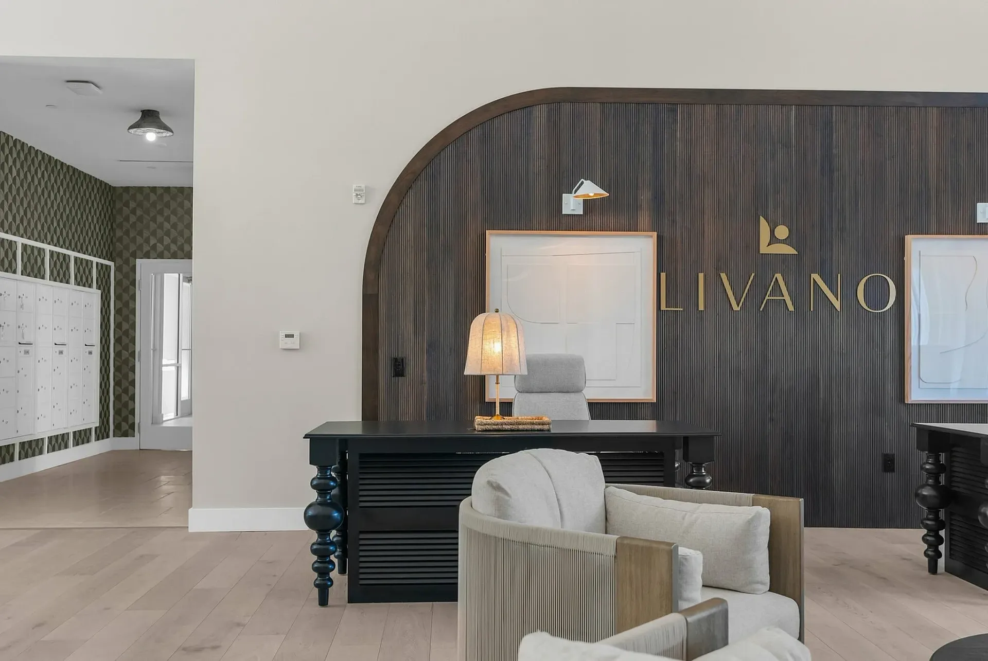 Experience luxury and style in this sophisticated apartment lobby.