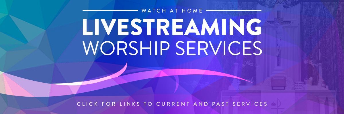 Livestreaming worship services banner with geometric background, white text on purple and blue colors.