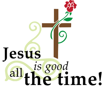 Brown cross with a red rose and the text