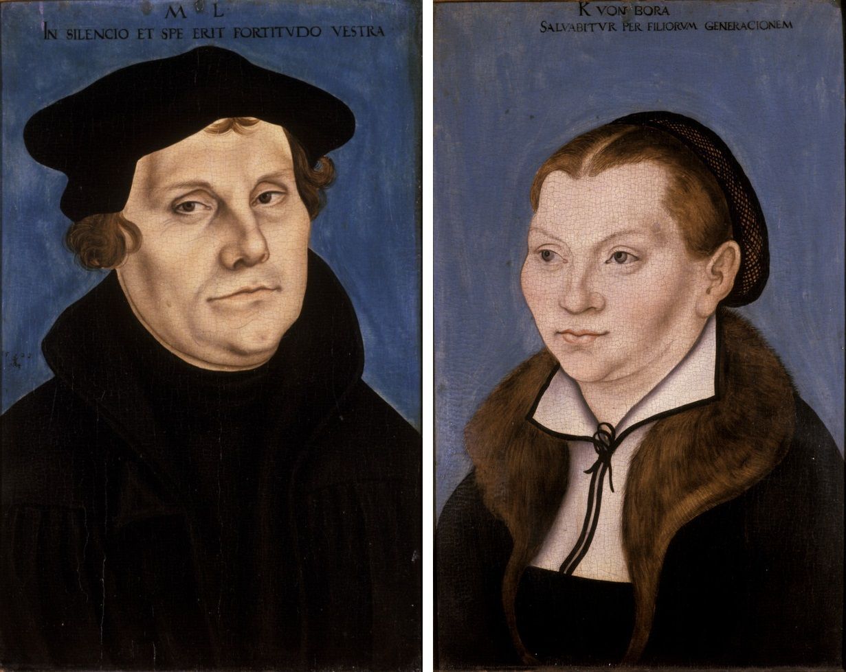 Portraits of Martin Luther, a man in black, and Katharina von Bora, a woman with a white collar and a black dress.