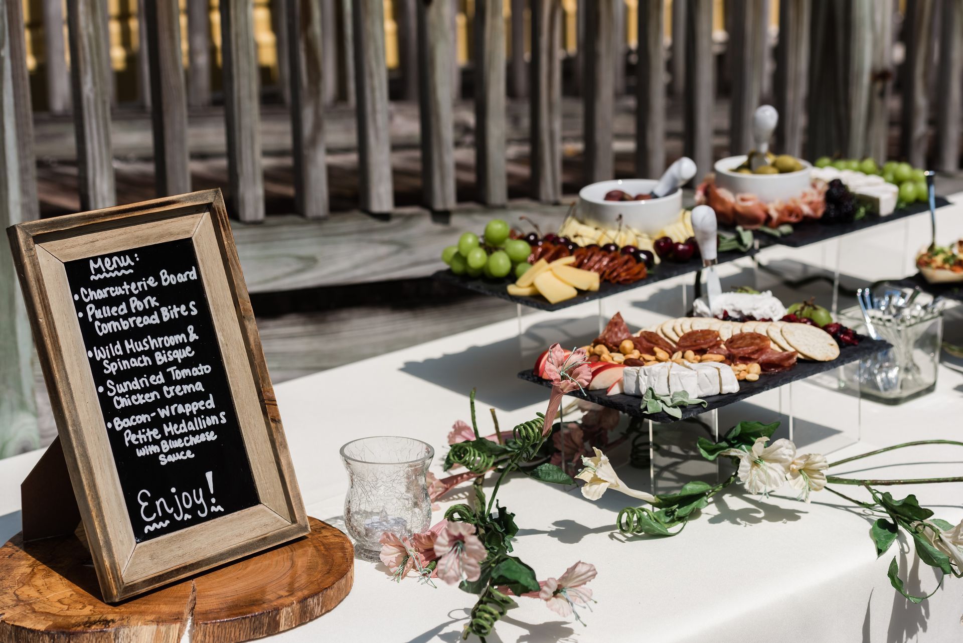 A table of food at a wedding reception at the Laurel Oak Inn.