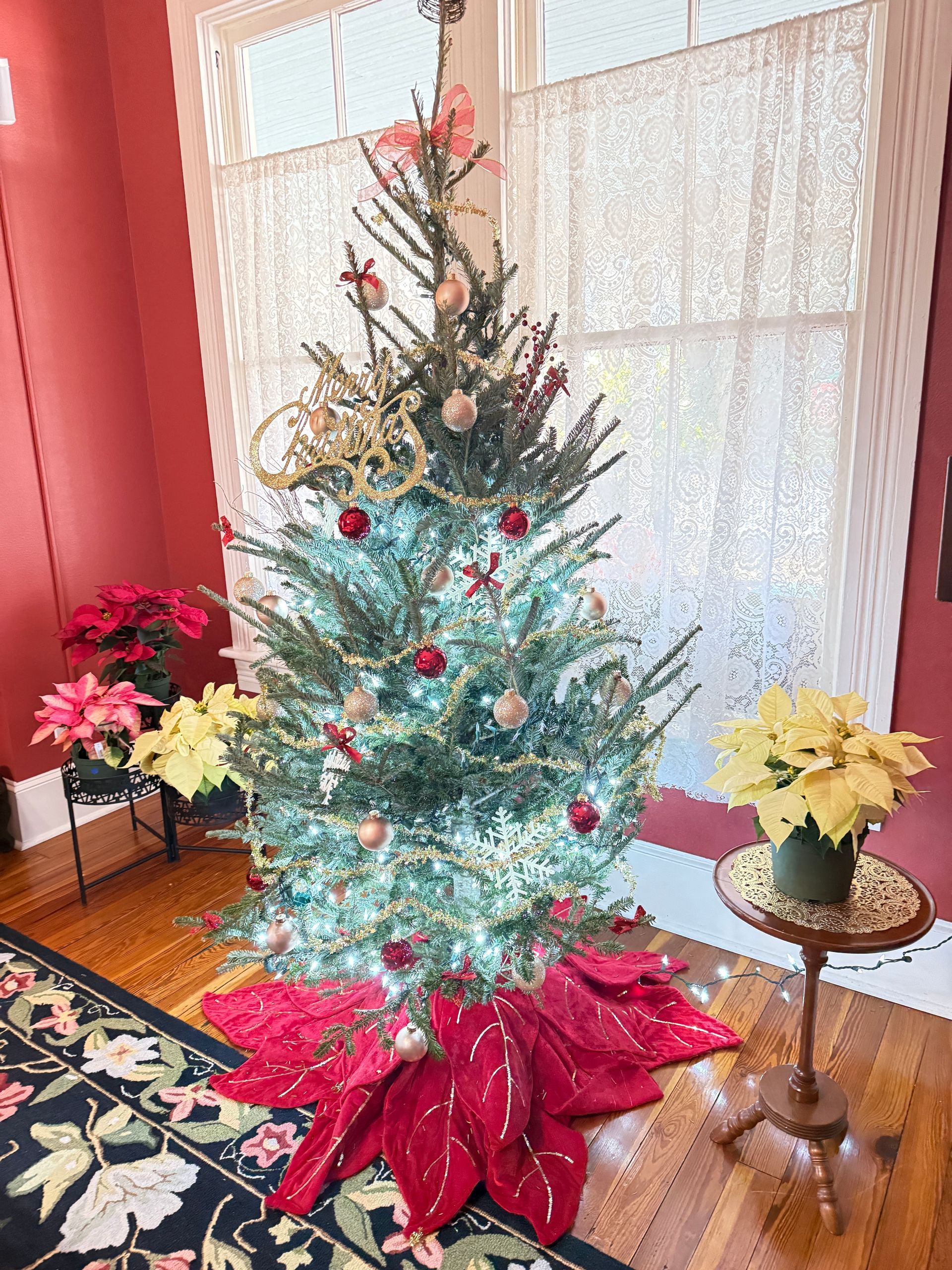 Holiday decorations in the living room at The Camellia Rose Inn