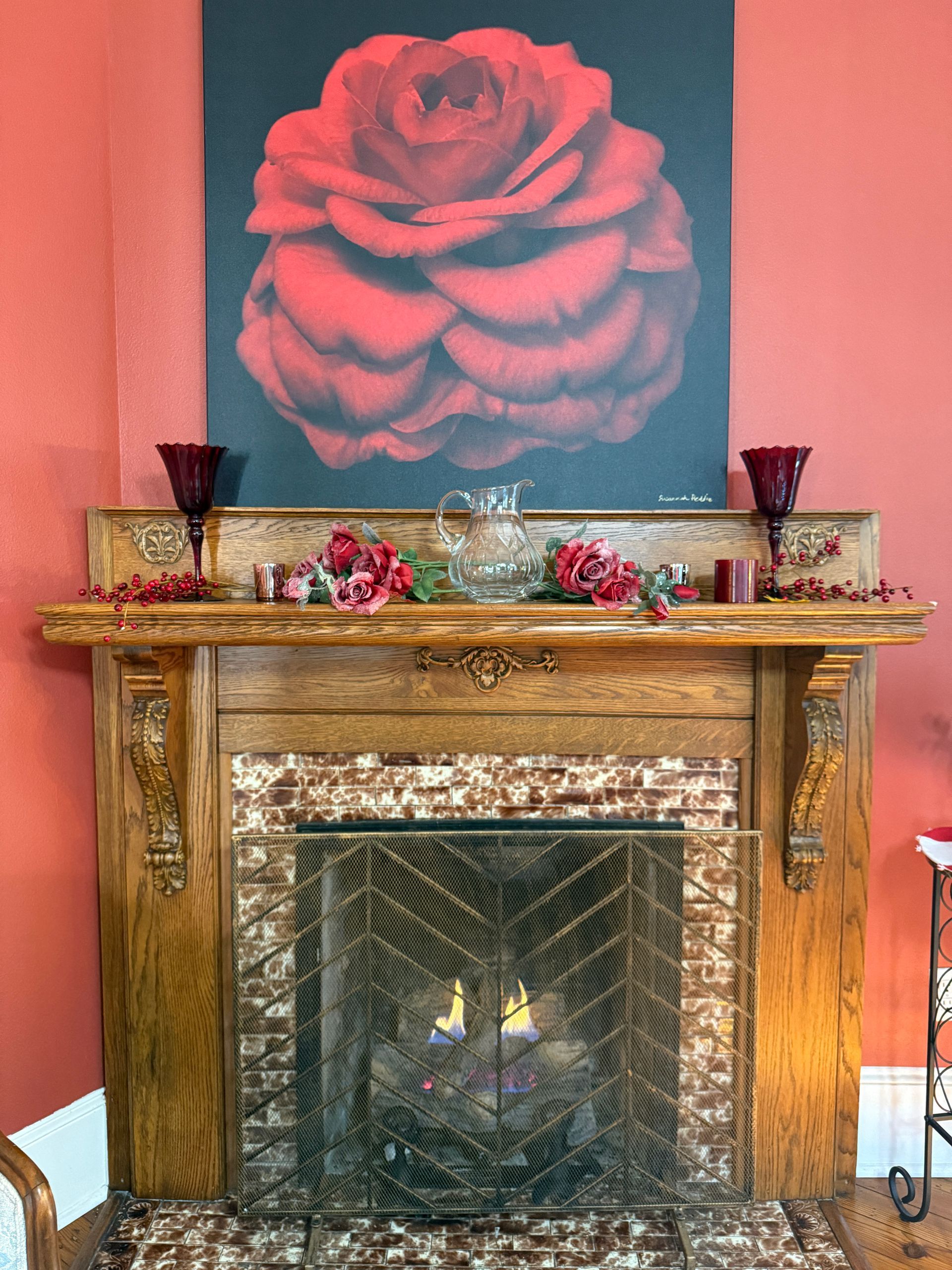 Holiday decorations in the living room at The Camellia Rose Inn