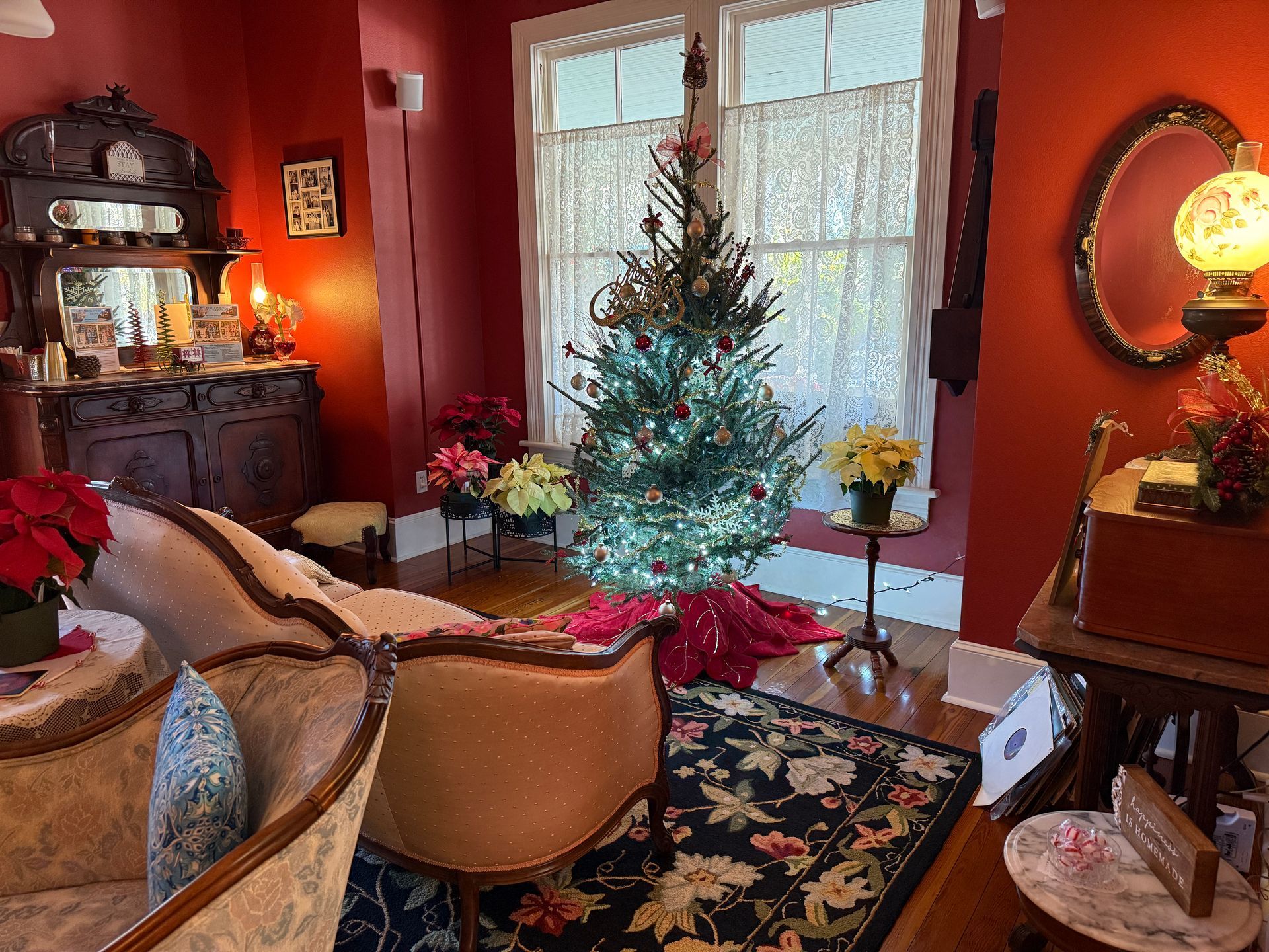 Holiday decorations in the living room at The Camellia Rose Inn