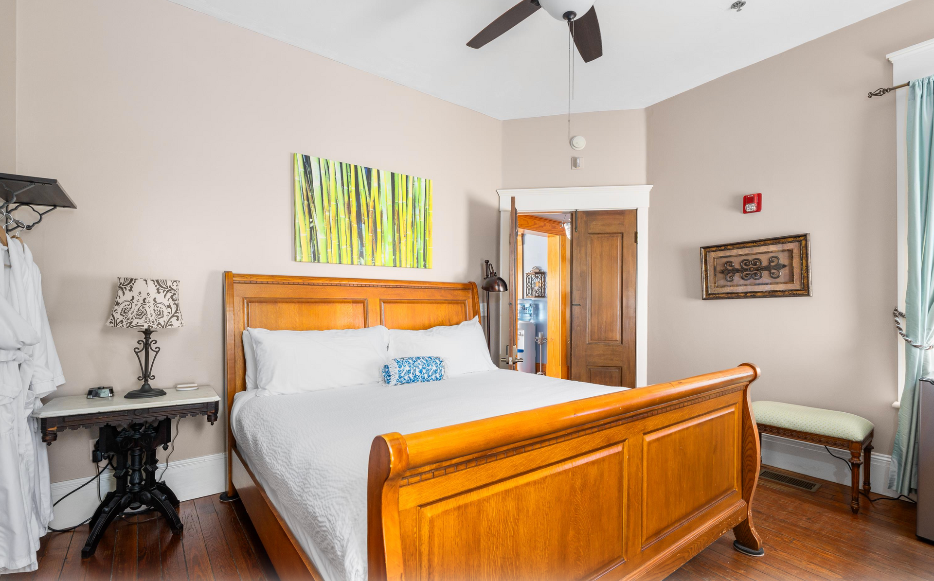Bedroom with bed and fireplace