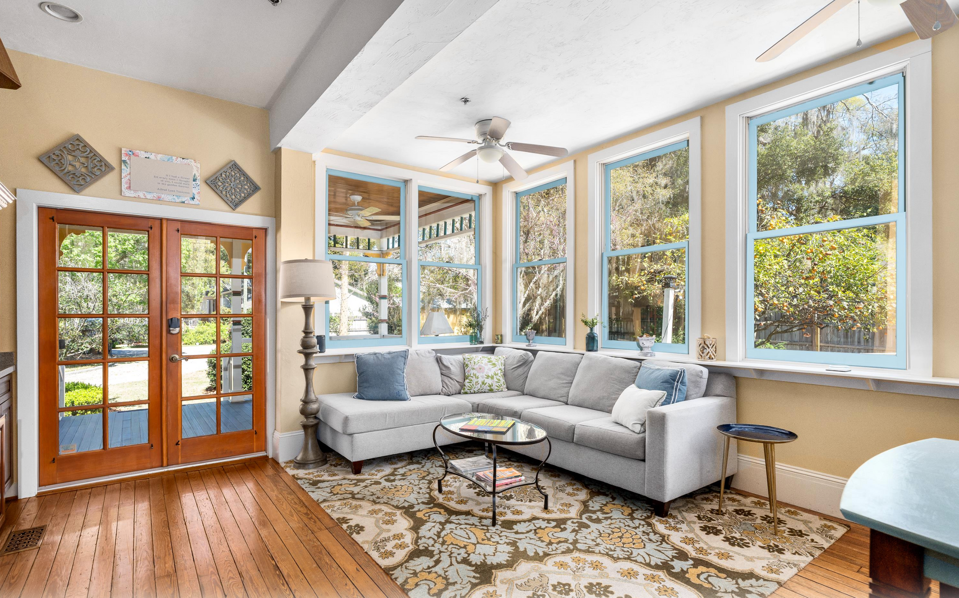 Bedroom with bed and fireplace