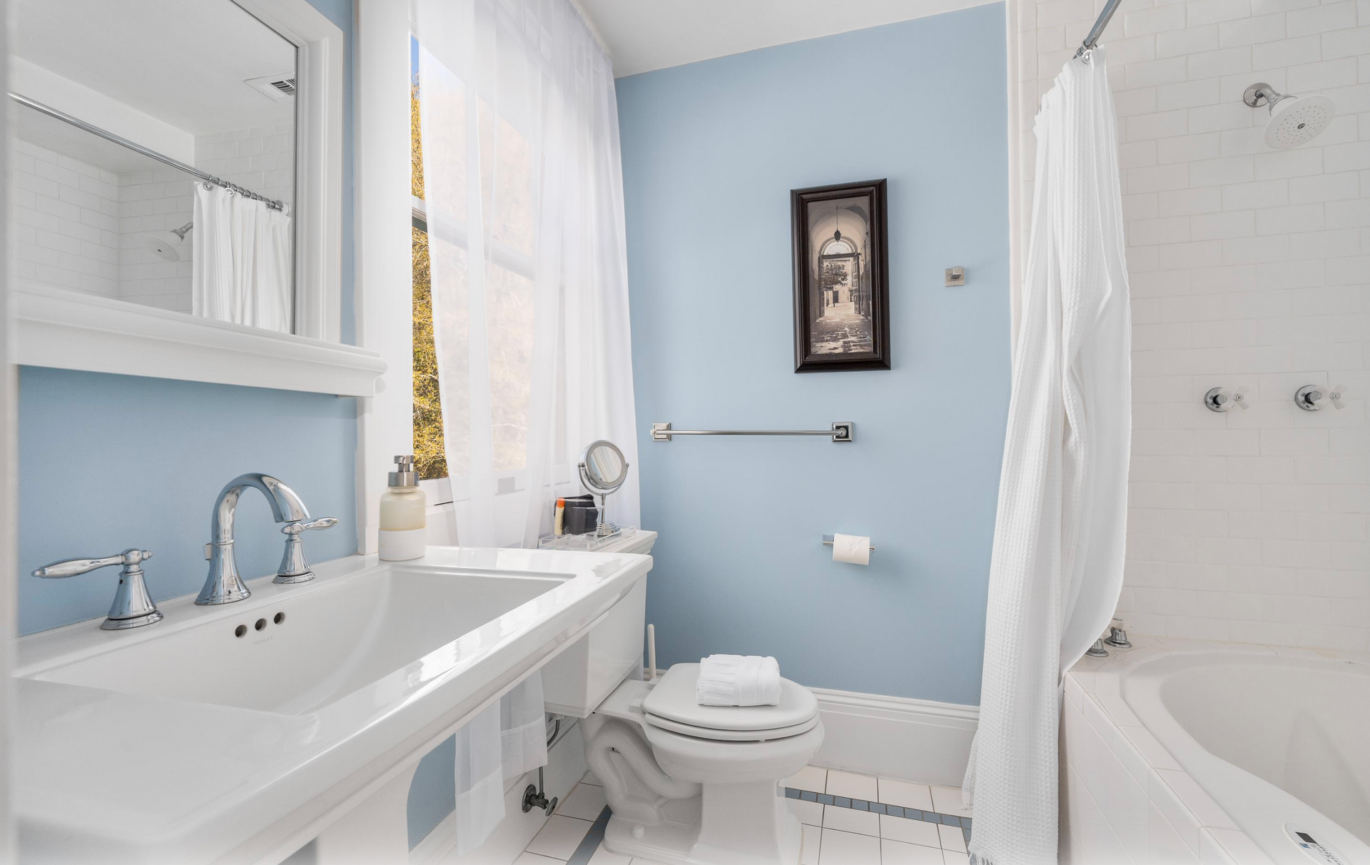 Powder blue bathroom - AirBNB, STR, and Vacation Rental