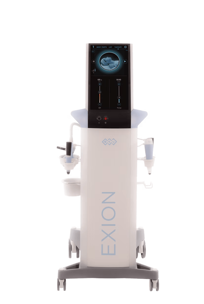 A white machine with the word exion on it is on a white background.