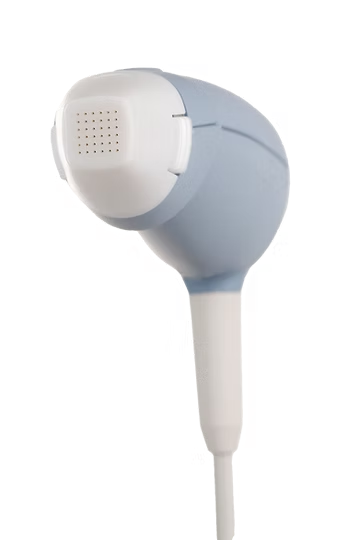 A close up of a blue and white device on a white background