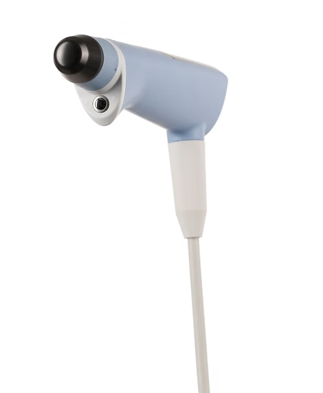 A close up of a blue and white object on a white background