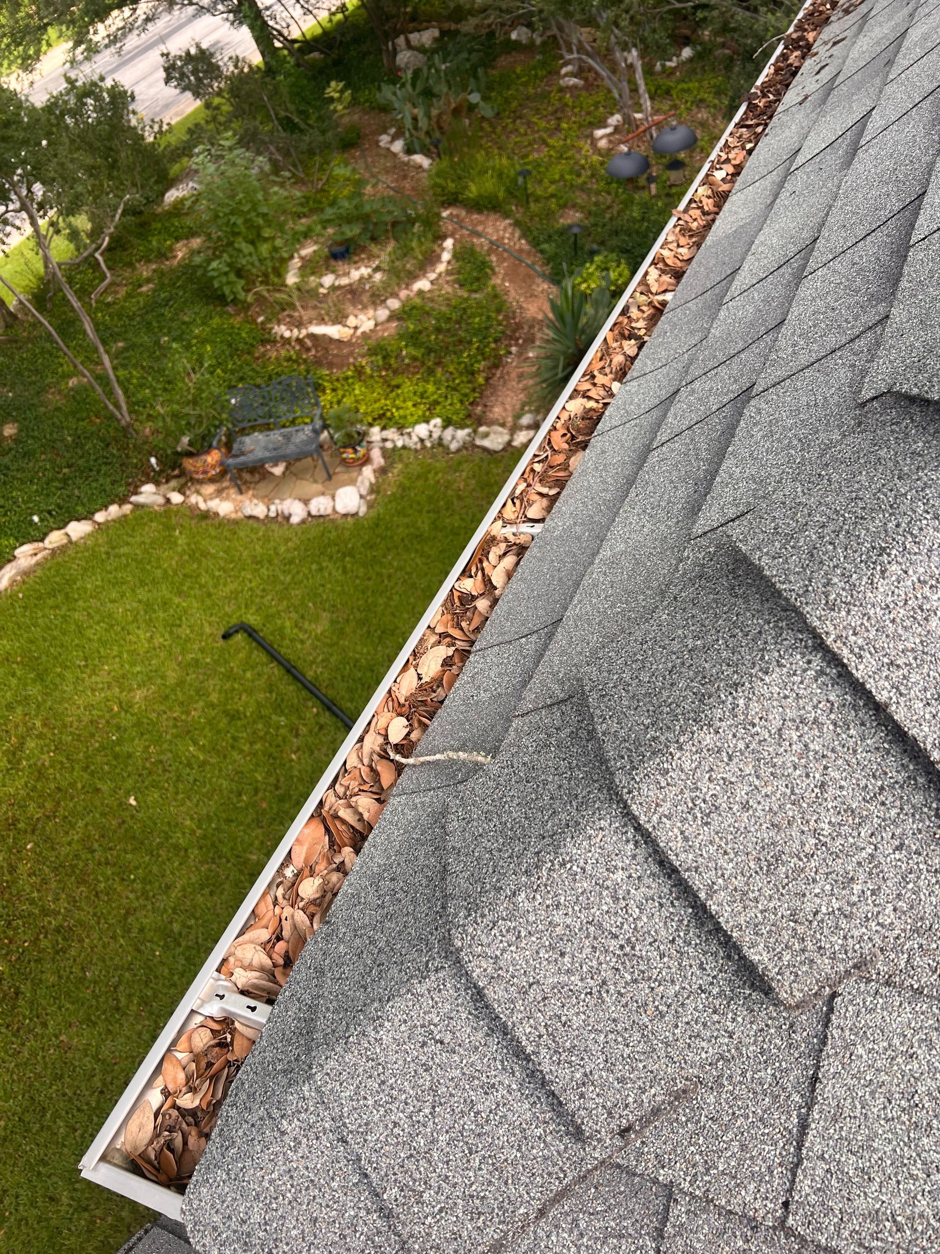 A gutter filled with leaves is on the roof of a house.