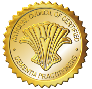 Gold seal: National Council of Certified Dementia Practitioners. Flower-like emblem.