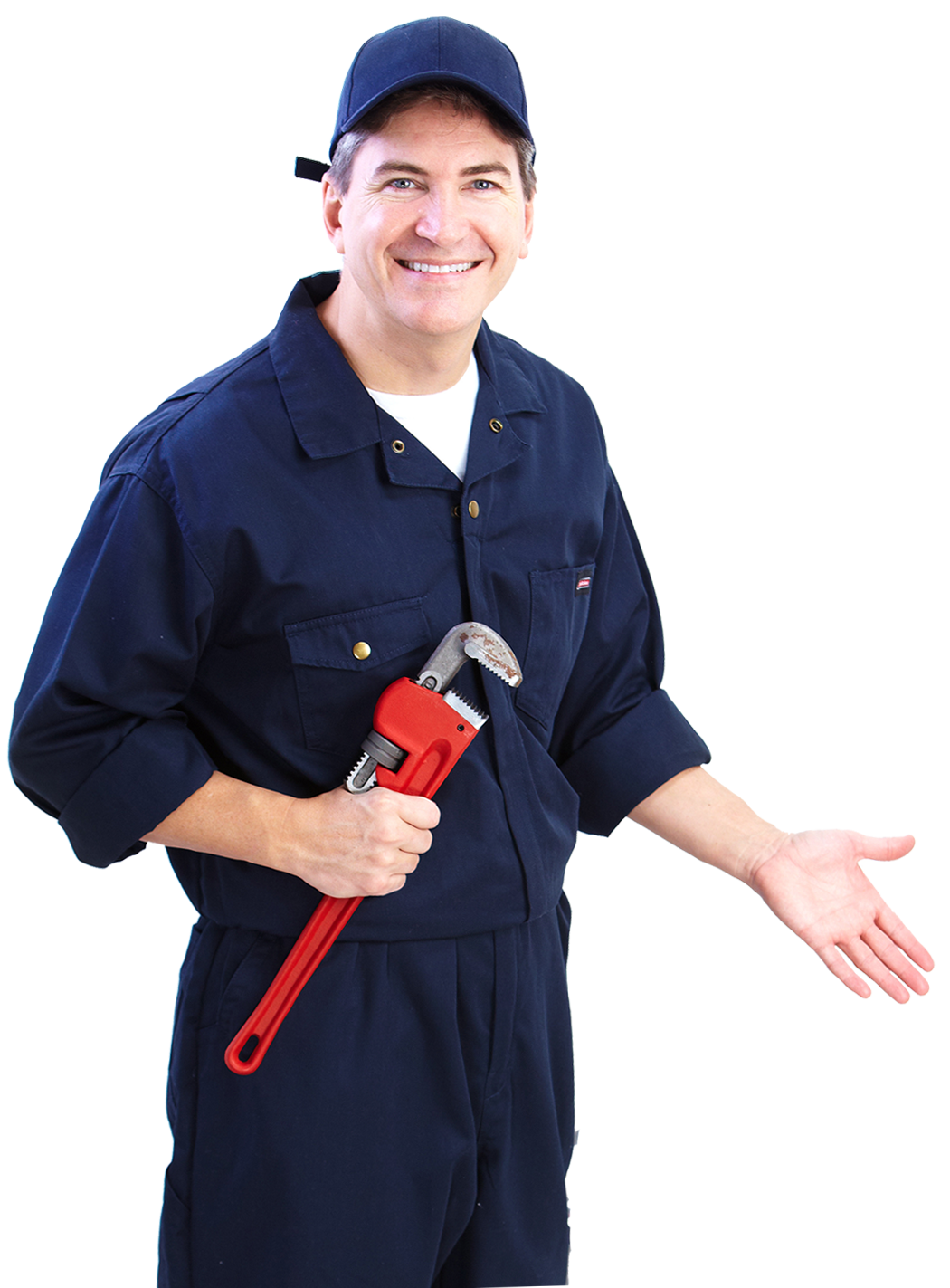 A man in overalls is holding a wrench and smiling